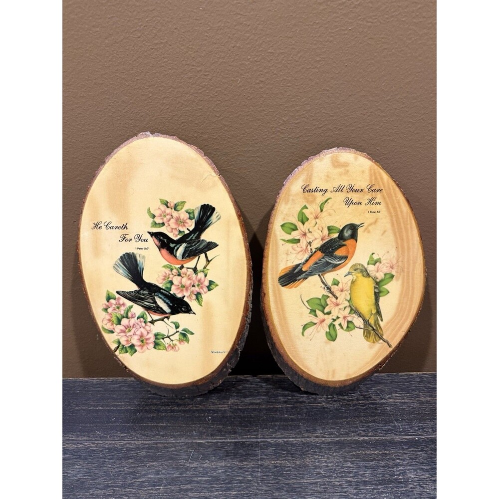 Vintage 1960s Rustic Art Bird Wood Plaques Pair 1 Peter 5:7 Bark Edge USA